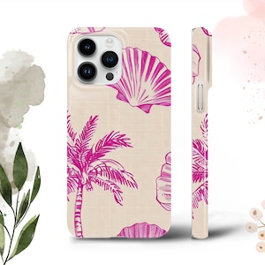 May include: A beige phone case featuring a pink palm tree, seashells, and camera lens design.