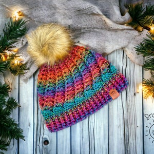 Colorful Crochet Beanie, Beautiful Rainbow Winter Hat, Boho Skull Cap, Hat with Pom Pom, Sweet Sunsets Beanie, Pink, Purple, Red, Blue, Teal
