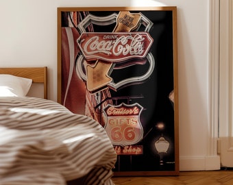 Route 66 y letreros de neón de Coca-Cola Fotografía vintage