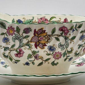 Minton Hadden Hall Floral Chintz Bone China Gravy Boat w Underplate Green Trim