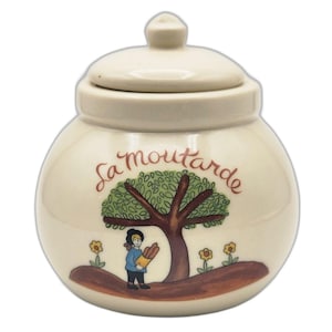 Vintage Mustard Jar with Lid and Spoon, Whimsical French Ceramic Design