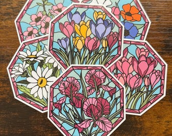 Pegatinas de flores de vitral: pegatinas florales para botellas de agua y diarios / Vinilo impermeable / Hechas a mano