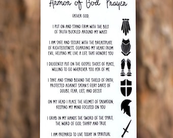 May include: A white rectangular card featuring the black text Armor of God Prayer. The card lists six lines of prayer, each paired with a corresponding black icon representing a belt, breastplate, shoes, shield, helmet, and a sword of the spirit.