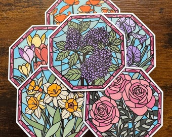 Pegatinas de flores de vitral: pegatinas florales para botellas de agua y diarios / Vinilo impermeable / Hechas a mano
