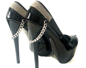 Black high heel shoes size 10 diamante silver chain design