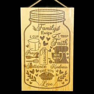 Family Recipe Sign Custom Gift |  A Laser Engraved Painted Wood Sign | Custom Gifts For Mom | Custom Kitchen Signs | Mason Jar Pictures