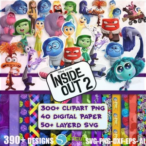 Paquete de imágenes prediseñadas de Inside Out 2, más de 390 archivos digitales PNG, SVG en capas, paquete de papel digital, diseño de Cricut y Silhouette, alegría, tristeza, ira