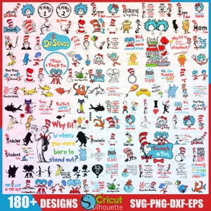 Op de afbeelding: Een verzameling van meer dan 180 digitale ontwerpen met personages en citaten uit de populaire kinderboekenserie "De Kat met de Hoed" van Dr. Seuss. De ontwerpen bevatten verschillende afbeeldingen van de Kat met de Hoed, Thing 1 en Thing 2, en andere personages uit de boeken. De ontwerpen zijn perfect voor het maken van knutselwerk, scrapbooking en andere creatieve projecten.