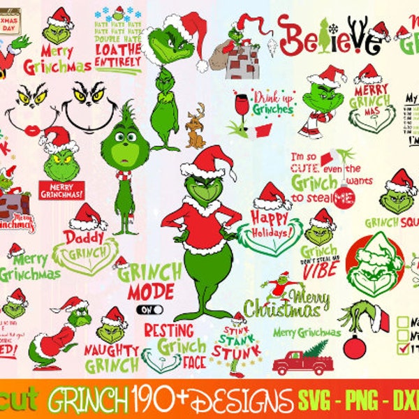 Plus de 900 fichiers The Grinch Bundle | Grinch main Svg | Grincheux visage Svg | Grinch Christmas Svg, fichier de coupe vectorielle Clipart Cricut | +190 Design unique