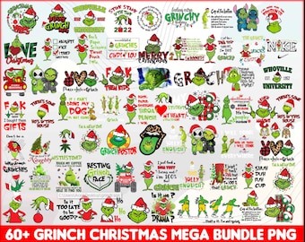 Pacote com mais de 1500 imagens do Grinch em SVG, incluindo imagens para recorte, PNG, EPS, DXF e JPG.