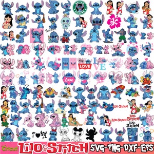 May include: A collection of 60 digital clip art images featuring Stitch and Lilo from the Disney movie Lilo & Stitch. The images include various poses of Stitch, Lilo, and the two together. Some images include text such as "Love", "Stitch", and "Lilo & Stitch".