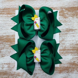 Back to School Pigtail Hair Bow, Ruler Bow, Green School Bow, Toddler Bow, Hair Bow for Girl, School Hair Bow, Handmade Bow, School Pigtails