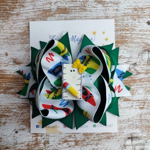 Back to School Ruler Hair Bow, Green Bow, Hair Bow for Girls, Crayons ribbon Bow, Kids Hair Bow, Grosgrain Ribbon Hair Bow, Handmade Bow