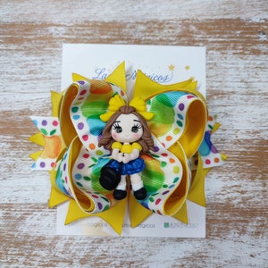 Yellow Grosgrain Ribbon Hair Bow with Handmade Doll - Back to School
