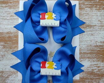 Smoke Blue Pigtail Hair Bow Set: Handmade Ruler 123 Ribbon
