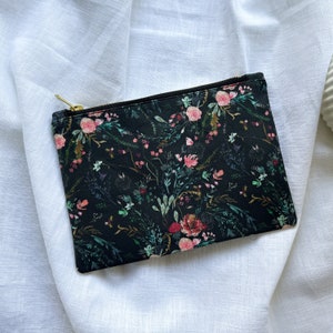 Cosmetic bag floral pattern black, small pocket, gold zipper