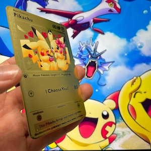 I Choose You – Pikachu in Love: Male & Female Pikachu - Gold Metal Card. A special gift, perfect for a unique and unforgettable thought.