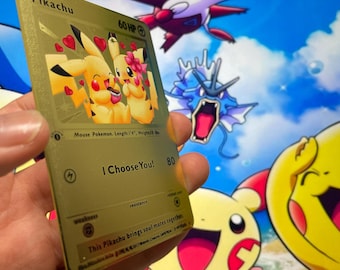 I Choose You – Pikachu in Love: Male & Female Pikachu - Gold Metal Card. A special gift, perfect for a unique and unforgettable thought.