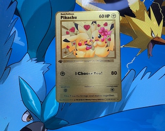 I Choose You – Pikachu in Love: Male & Female Pikachu - Gold Metal Card. A special gift, perfect for a unique and unforgettable thought.