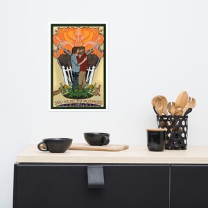 Peut inclure: Une illustration de style vintage de deux personnes qui s'embrassent dans un jardin. L'image présente un motif floral stylisé en forme de cœur et le texte "You were my purpose".
