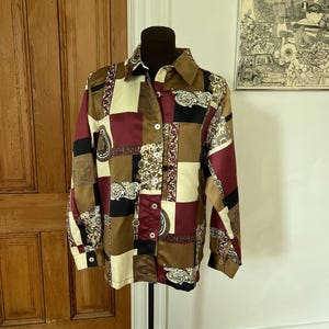 70s Patchwork Button down Shirt | Dark Earth Tones, Floral Paisley | Hippie Burning Man Style