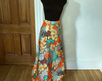 Vintage 70s Mr. G of California Quilted Maxi Skirt | Dopamine Hostess Skirt | Turquoise & Red Boho Geometric Print | Retro Size 14
