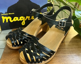 1990s Vintage Swedish Toffel Hasbeens Black Braided Sky High Clogs Peep toe Wooden Clogs Shoes Sandals Heels Size 38 EU