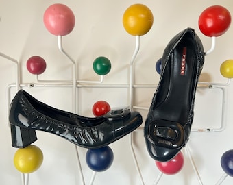 Prada rouched patent leather platform stacked pumps heels size 37.5 EU 90s Y2K era vintage