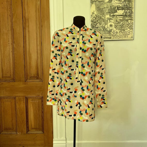 Akris, Y2K Akris punto Geometric Abstract 100% Silk Tunic Dress | Bauhaus Modernist Zip Front Shirt Dress