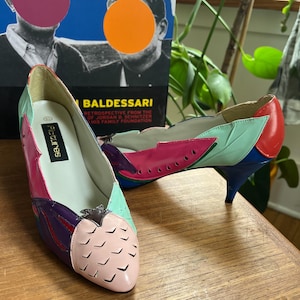Vintage 80s Pumps - Tropical Pineapple Toe Kitten Heels - Pop art shoes Memphis Milano Style Color Block - Size 8.5 Maximalist