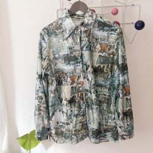 1970s vintage 1800&#39;s 19th Century landscape motif print button down shirt