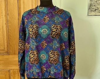 One-of-a-Kind 1980s Leopard Medallion Print top | Handmade | Teal  Gold Maximalist Blouse