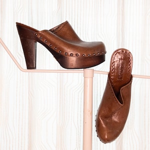 1990s 90s Y2K Vintage Prada brown leather platform studded wood mules clogs heels size 39.5 EU