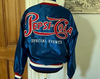 Vintage 80s Pepsi Embroidered Special Events Satin Bomber Jacket | DeLong Made in USA | Retro Pepsi-Cola Employee Jacket | Size M