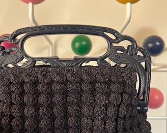 Vintage Popcorn Crochet Handbag | Ornate Peacock Celluloid Handle Evening Bag 1940s era