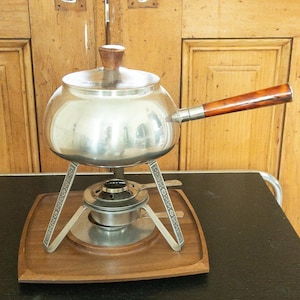 Vintage 60s Midcentury Cordova chafing fondue stainless steel and teak pot with wood platter Japan 18-8 1969