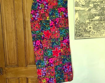 Vintage 70s Psychedelic Patchwork Table Runner | Neon Pink & Orange Floral Paisley | Retro Mod Cotton Textile | Maximalist Boho Wall Hanging