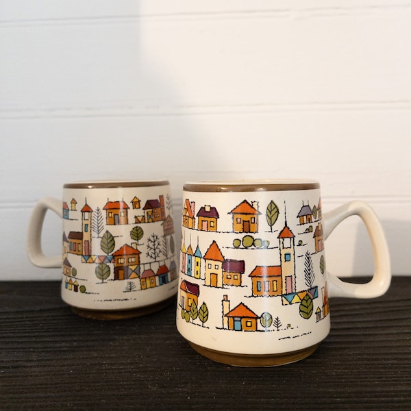 Vintage 1970s little houses motif Country Village Japan stoneware tea cups mugs, set of two