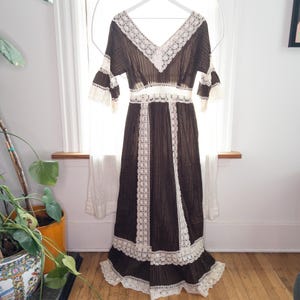 1970s 70s vintage Mexican cotton and lace brown Maxi dress
