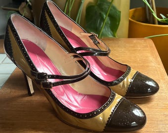 90s Kate Spade brogue patent leather Mary Jane double strap heels pumps vintage