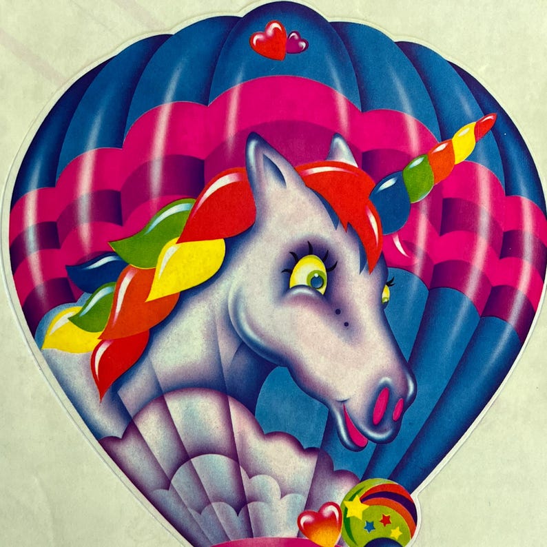Rare Vintage Jumbo Lisa Frank Unicorn hot air balloon with bear sticker 80s 
IYKYK, bring this one home for nostalgia sake and share the fun with the children in your life. Vibrant colors :)

Measures 7" x 10" (including backing). Still on original backing.