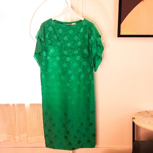 1980s 90s vintage green polka dot green silk dress with tie