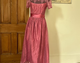 Vintage late 70s 80s Rosette Pink Lace & Satin Bow Back Dress | Romantic Coquette Prom Gown | Party Dress | Barbiecore Princess Tea Length