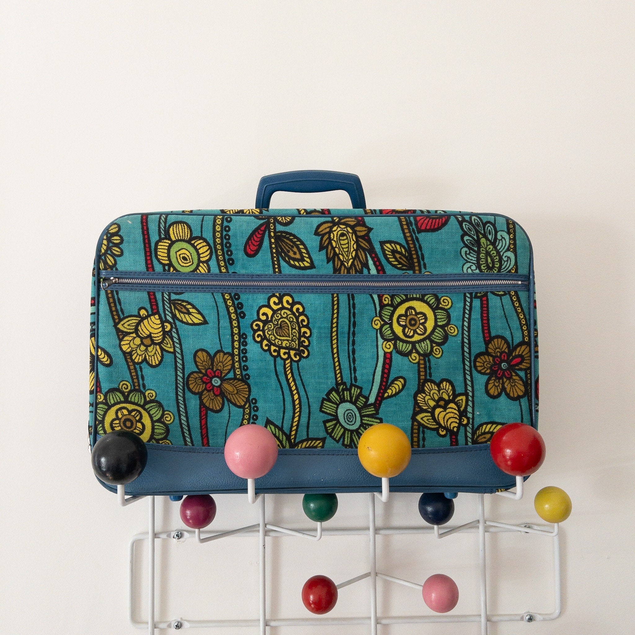 Vintage 60s Floral Pattern Canvas Suitcase Marimekko Style 1960s