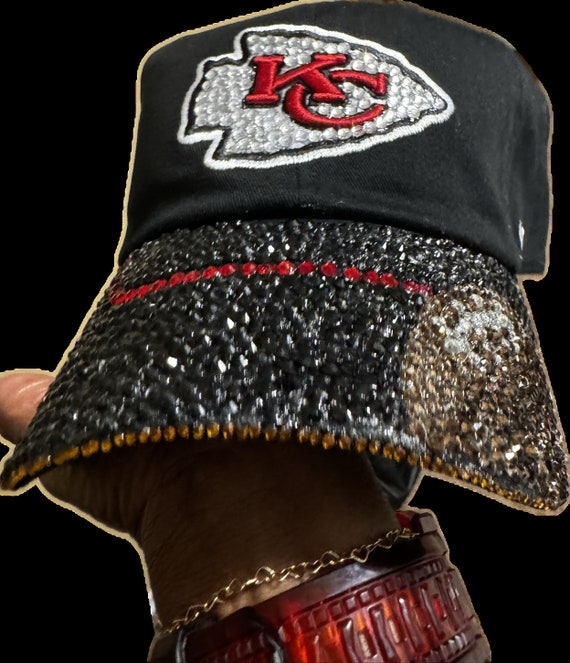 Black Rhinestone Kansas City Chiefs Cap with Red Logo Bling Crystal Kansas City Chiefs Black Floral Adjustable Hat  main image 2