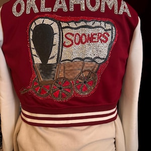 OKLAHOMA SOONER Schooner blinged letter jacket. With patches and blinged football. Made to order.