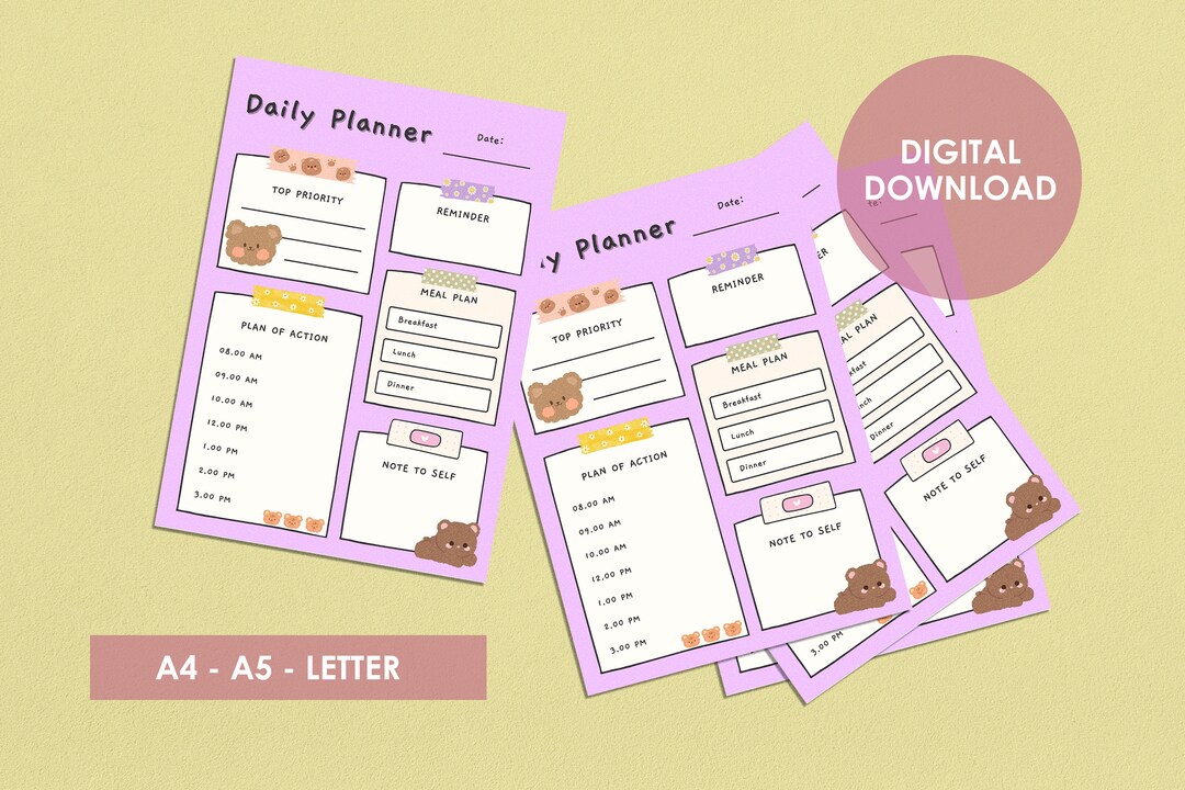 Cute Bear Daily Planner Printable Daily Planner Bear - Etsy