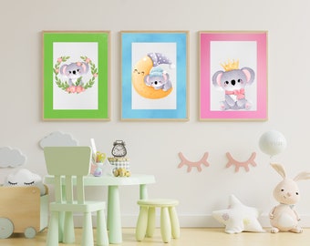 Printable Wall Art, Nursery Wall Art, Set of 3 Pink, Blue, Green, Baby Koala, Printable Wall Art