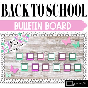 May include: A back to school bulletin board with a wooden background and a banner that says "A New Era Begins". There are 10 blank picture frames on the board, along with butterflies in pink and green.