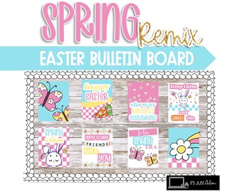 Könnte beinhalten: Ein Bulletin Board mit Frühlings- und Osterthema. Das Board ist mit bunten Karten dekoriert, die Hasen, Schmetterlinge, Blumen und Karotten zeigen. Die Karten haben Botschaften wie "Frohe Ostern", "Frühlingsgefühle", "Verbreiten Sie Freundlichkeit überall" und "Bleiben Sie ruhig und machen Sie weiter".